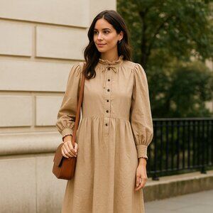 Pomander Place Tan Puff-Sleeve Midi Dress – Size L